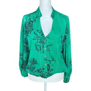 Sara Michelle Green Floral Metallic Stripe Bubble Hem Blouse Medium G240953D67